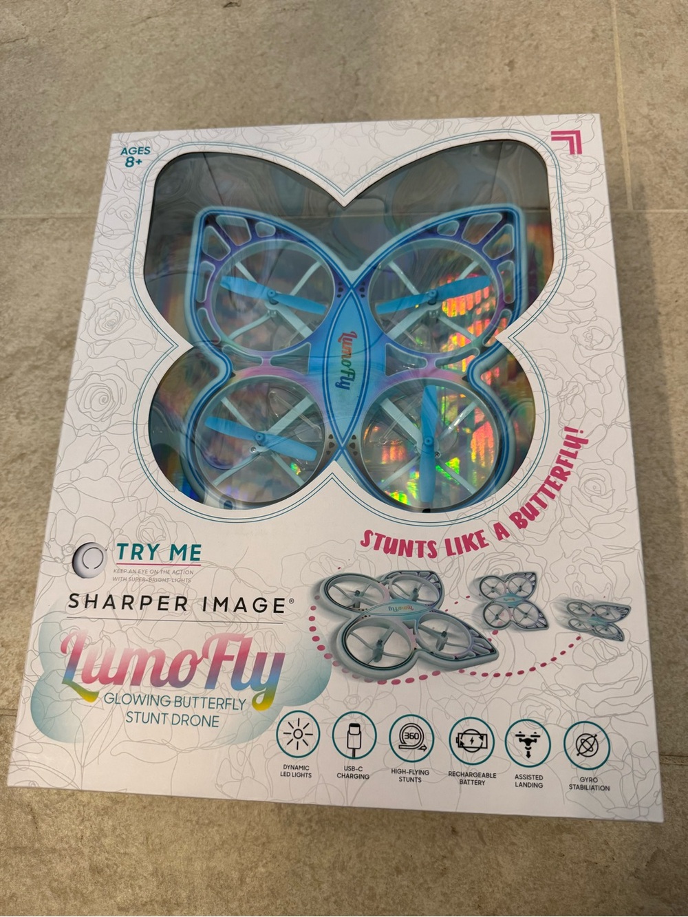 New Sharper Image Blue LumoFly Glowing Butterfly Stunt Drone